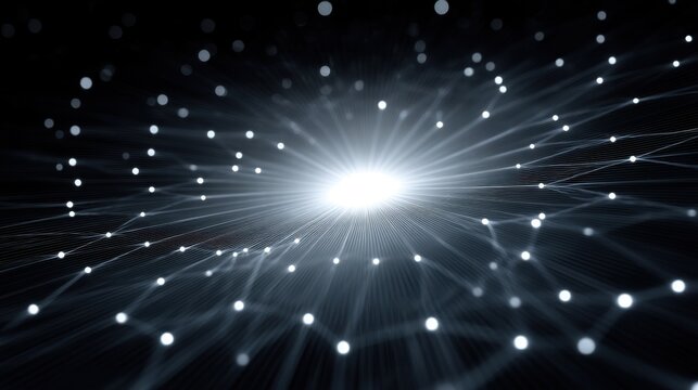 Abstract concept of digital network connection with glowing particles and beams of light in a dark background representing data flow and technology innovation