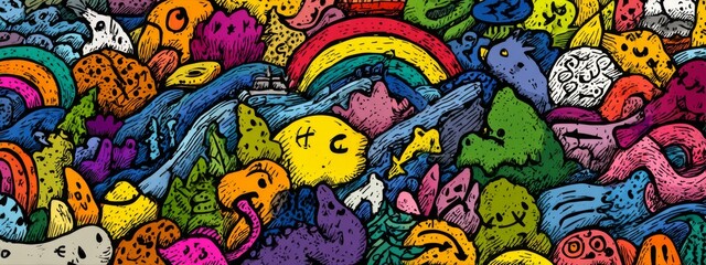 Colorful Doodle Style Artwork for Children's Day with Whimsical Characters and Vibrant Landscapes