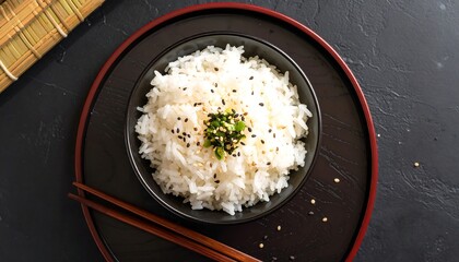 A close-up shot of a bowl of fluffy, cooked white rice sprinkled with black sesame seeds and green onions on a tray