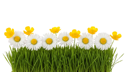 Fresh green grass with white daisies and yellow buttercup flowers isolated on a black background, perfect for spring designs