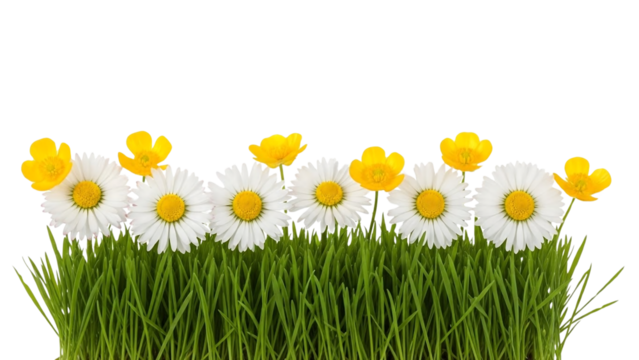 Fresh green grass with white daisies and yellow buttercup flowers isolated on a black background, perfect for spring designs - Powered by Adobe
