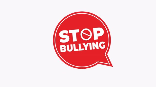 Red speech bubble sign that says stop bullying suitable for antibullying campaigns, awareness materials, educational presentations, and social media posts.
