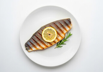 Grilled Fish Fillet with Lemon and Rosemary on a White Plate, Healthy Dinner Dish.