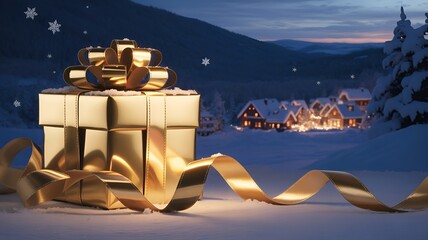 Golden gift box with a bow in a serene winter scene.