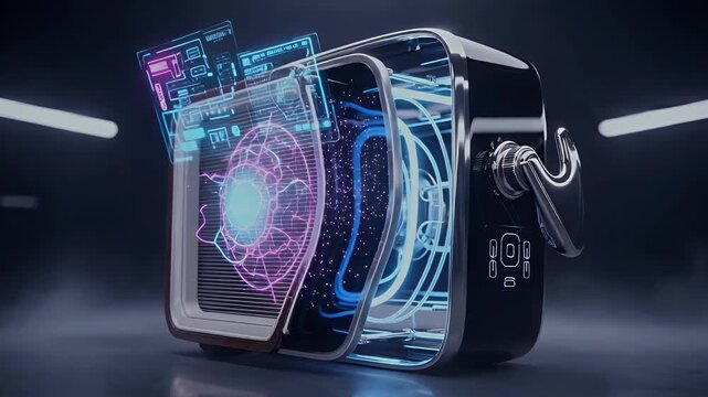 Experience futuristic technology with glowing holographic data interfaces and intricate digital circuits in a next-gen innovation video - Powered by Adobe