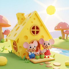 happy mouse family in cheese house