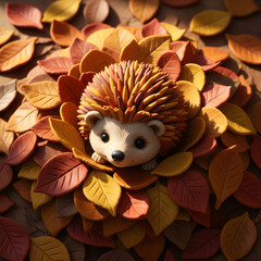 hedgehog on pile of autumn leaves