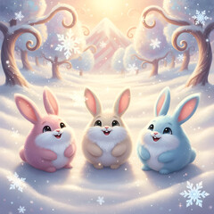 three cute bunnies are enjoying in snowing