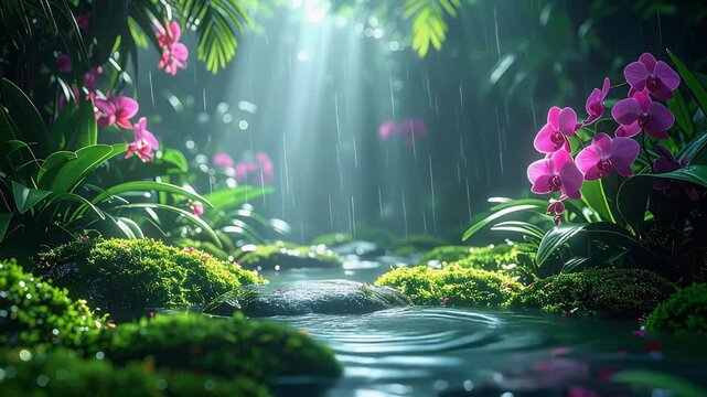 Experience the serenity of a gentle rain falling in a lush tropical orchid garden