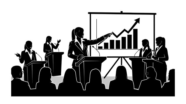 Dynamic business presentation with a confident speaker showcasing growth chart to an attentive audience.