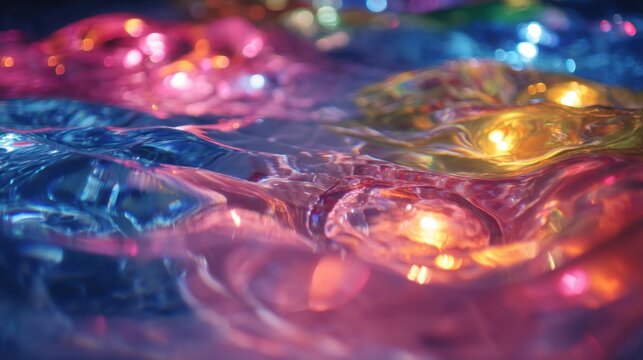 The scene features bright colorful lights shimmering and reflecting on the surface of water at night. This creates a calm and enchanting atmosphere inviting relaxation.