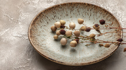 Beautiful plate showcases collection of dried flowers and seeds, emphasizing zero waste approach to cooking and decoration