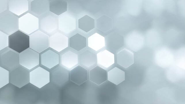 Abstract background with hexagonal shapes and soft glowing light effect in shades of grey and white for modern design and technology themes