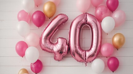 A vibrant display for a 40th birthday celebration features large pink balloons arranged around a bold number 40. The scene embodies joy and festivity in a stylish setting.