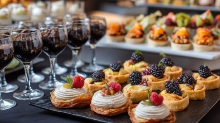 Fototapeta premium A vibrant buffet features an array of desserts including creamy tarts topped with fresh fruit chocolate treats in elegant glasses and bite sized pastries.
