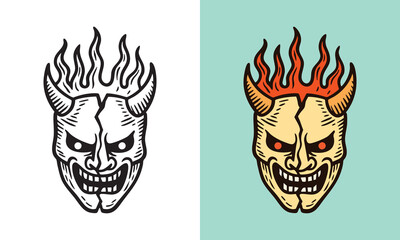 A split demon mask with horns and flaming hair, illustrated with bold lines for a fierce and dramatic look