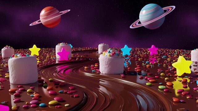Escape to a dreamy candy planet with chocolate rivers, marshmallow mountains, and colorful star creatures in this delectable video