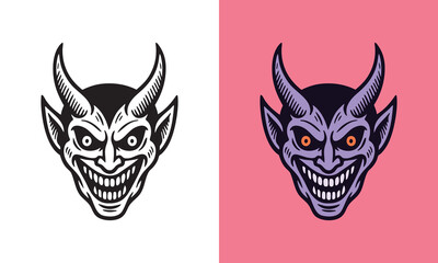 A grinning demon head with sharp horns and intense eyes, illustrated in bold lines for a dark dramatic style.

Terjemahan Indonesia