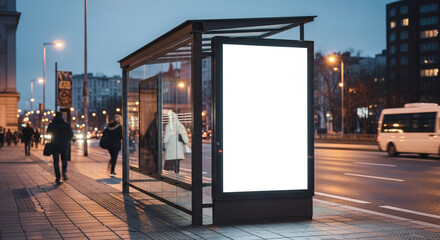 Giant glowing blank screen in a neon-lit, crowded cyberpunk subway station.