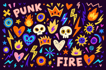 Colorful punk rock illustration featuring skulls hearts and fire elements