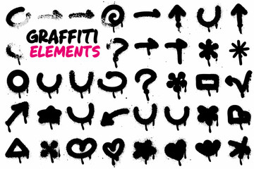 A collection of diverse black spray paint graffiti elements and symbols