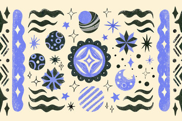 Abstract celestial illustration featuring planets moons and star shapes in blue tones