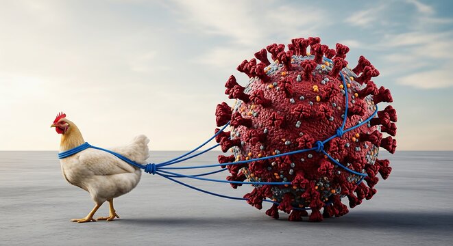 Chicken fights back against disease, pulling a large bird flu virus model, symbolizing resistance, resilience, and overcoming challenges in the face of adversity