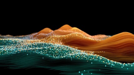 Abstract landscape of flowing waves and particles illuminated in vibrant colors against a dark background representing digital art and creativity