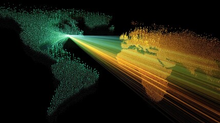 Abstract representation of data transmission connecting continents with colorful particles illustrating global communication and technology advancement.