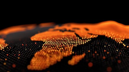 Abstract representation of a glowing world map with orange dots depicting geographical features and continents on a dark background in a modern design