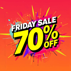 Vibrant Friday Sale promotional banner with bold yellow and white typography displaying ‘70% Off’, set over a colorful abstract splash background featuring vivid paint splatters, gradients, and dynami