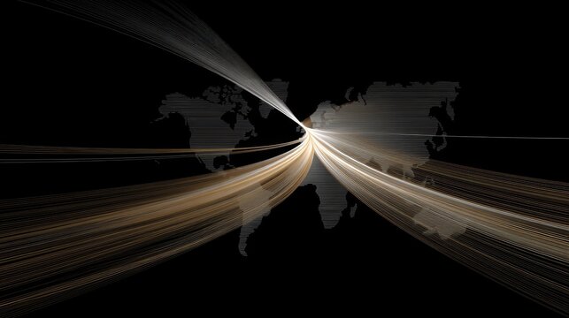 Abstract illustration showing light trails converging on a world map, symbolizing global connections, travel, and movement through dynamic lines of energy and color