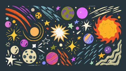 Colorful chalk illustration of planets stars and cosmic elements in deep space © Sampad