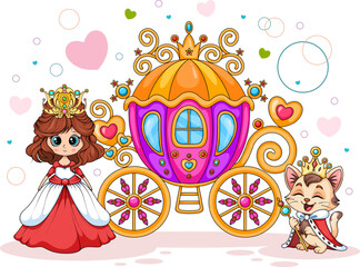 Princess and royal carriage with cute cat character, colorful fairytale illustration