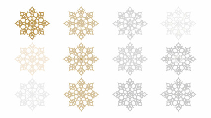 A collection of delicate ornamental snowflakes in varying shades of gold and silver