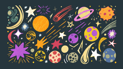 Naklejka premium Colorful hand drawn illustration of planets stars and cosmic elements