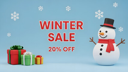 Winter Sale 20 Percent Off Discount Banner with Cute 3D Snowman Gift Boxes and Snowflakes on Blue Background