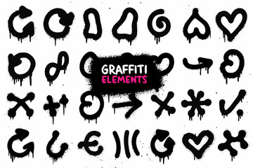 A collection of black spray paint graffiti letters and design elements