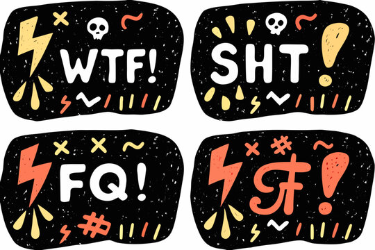 Four doodle style patches with rude words and chaotic graphic elements