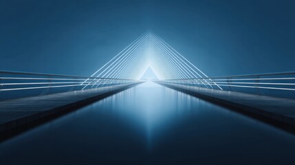 Obraz premium Serene Blue Triangle Bridge Over Calm Water Surrounded by Mystical Atmosphere and Radiant Light Creating a Tranquil Landscape Scene