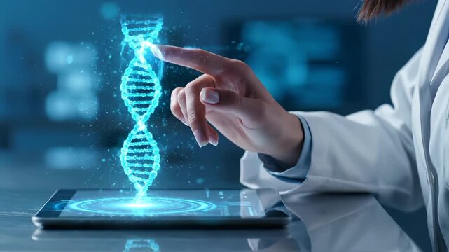Scientist touches DNA hologram on tablet displaying genetic data. Doctor analyzes DNA structure with digital technology. Scientist studies hologram genome on tablet. Medical research with DNA
