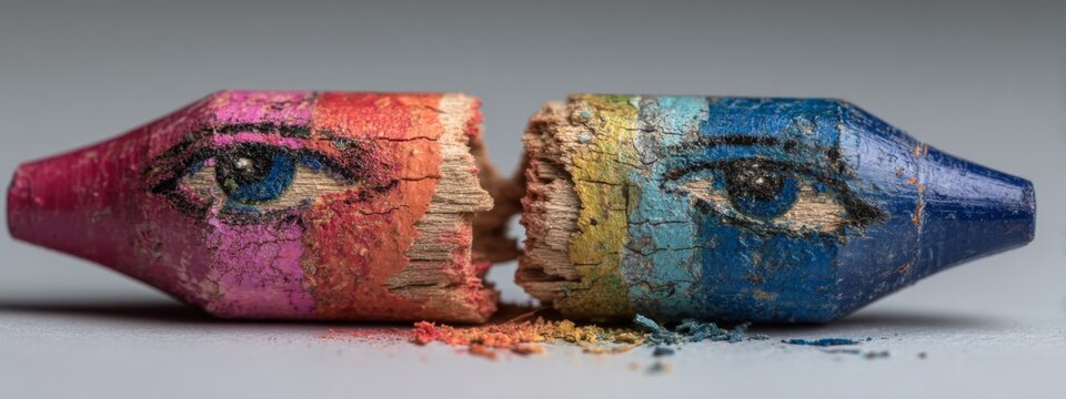 Broken Crayon with Colorful Eyes Symbolizing Emotions and Metaphors in Art