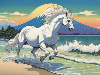 A thoroughbred sprinting at full speed.