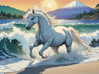 A thoroughbred sprinting at full speed.