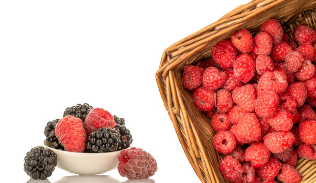 Sweet raspberries  isolated on white background, macro.