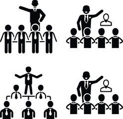 Four Business Leadership Icons: Manager or Speaker Addressing a Team, Corporate Hierarchy, and Instruction Symbols for Management, Training, and Company Structure