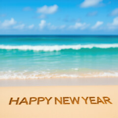 Happy New Year écrit sur le sable d’une plage tropicale