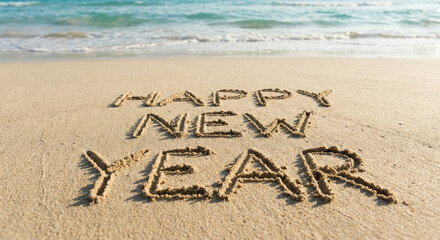 Happy New Year écrit sur le sable d’une plage tropicale