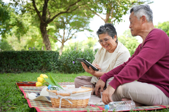 Senior couple enjoying picnic in park while using digital tablet together, Elderly couple relaxing outdoors with picnic basket and technology device, Active senior lifestyle