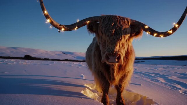 Majestic highland cow with illuminated horns stands in snowy winter landscape at sunset